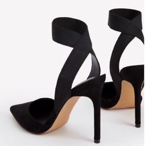 Black Faux Suede Slingback Elastic Ankle Strap High Heel Formal Party Pumps